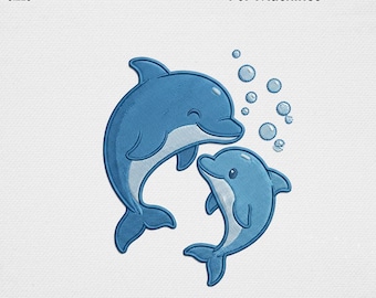 Cute Dolphin Embroidery Design, Kawaii Mother Baby Dolphin Machine Embroidery File, Summer Ocean Sea Life Bubble Kids USA Digital Pattern