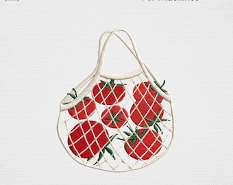 Tomate Netz Tasche Stickmuster, Vintage Markt Tasche Maschinenstickdatei, Cottagecore Küche Gemüse Tomaten Korb USA Digital Art