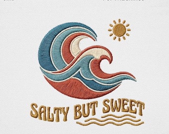 Salty But Sweet Embroidery Design, Vintage Ocean Wave Sun Machine Embroidery File, Coastal Beach Summer Quote USA Holiday Digital Pattern