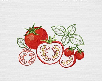 Vintage Tomato Embroidery Design, Tomato Slices Basil Leaf Machine Embroidery File Cottagecore Kitchen Garden Herb Vegetable USA Digital Art
