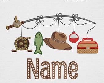 Fishing Rod Custom Name Embroidery Design, Vintage Fishing Hat Tackle Box Machine Embroidery File, Father's Day Outdoors USA Digital Pattern