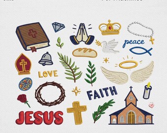 Christian Faith Embroidery Design Bundle, Jesus Bible Cross Church Line Art Machine Embroidery File, Religious Sunday School USA Digital Art