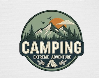 Camping Patch Embroidery Design, Vintage Mountain Extreme Adventure Machine Embroidery File, Wilderness Forest Tent Outdoor USA Digital Art