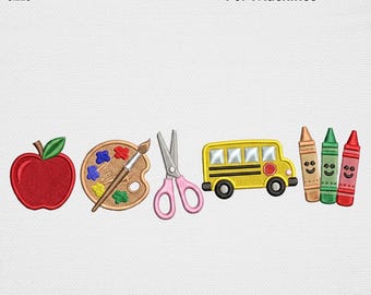 Back to School Embroidery Design, Teacher Applique School Bus Machine Embroidery File, Cute Crayon Apple Paint Palette USA Digital Pattern