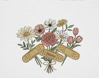 Custom Name Nurse Embroidery Design, Wildflower Bandage Machine Embroidery File Personalized Healing Flower Pattern, Medical USA Digital Art