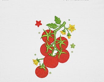 Vintage Tomato Embroidery Design, Tomato Vine Blossom Machine Embroidery File, Cottagecore Kitchen Garden Vine Berry USA Digital Pattern
