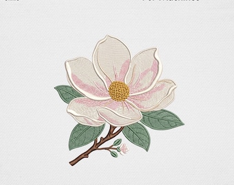 Vintage Magnolia Embroidery Design, Pink Botanical Flower Blossom Machine Embroidery File, Cottagecore Southern Floral USA Digital Pattern