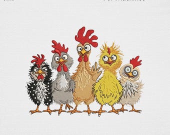 Lustige verrückte Hühner Stickmuster, niedliche Bauernhaus Hahn Familie Maschinenstickdatei, lustige verrückte Hühner Cartoon Crewneck USA digitale Kunst
