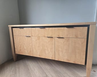 Enegre Veneer , solid tiger maple , buffet with black metal accents , clear finish , maple drawers , undermount slides , soft closing hinges