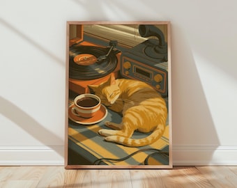May include: A framed art print depicts a cozy scene with a sleeping orange tabby cat next to a cup of coffee and a record player. The artwork has a warm color palette with shades of orange, brown, and blue, creating a relaxing atmosphere.