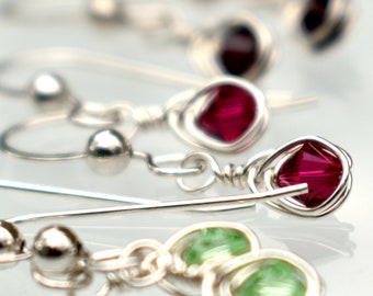 Tiny Birthstone Crystal Drop Earrings 925 Sterling Silver Wire Wrap Ear Hooks Swarovski Crystal Herringbone Weave 4mm