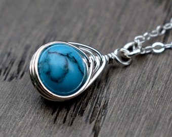 Collier pendentif en forme de larme bleue en argent sterling enveloppé de fil turquoise, tissage à chevrons de 8 mm