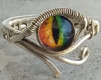 Wire Wrapped Dragon Eye of Horus Ring - adjustable ring - 925 Sterling Silver Handmade Rainbow Ring