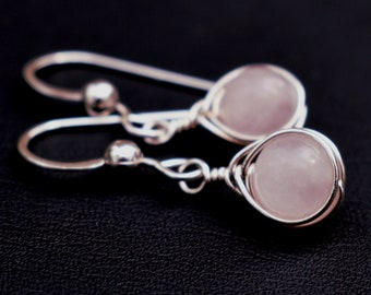 Rose Quartz Sterling Silver Wire Wrapped Gemstone Pink Drop Earrings Herring Bone Weave