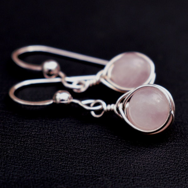 Rose Quartz Sterling Silver Wire Wrapped Gemstone Pink Drop Earrings Herring Bone Weave