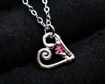 Birthstone Heart Pendant - 925 Sterling Silver Wire Wrapped Crystal Necklace with 18 inch Sterling Silver Cable Chain