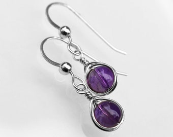 Amethyst Sterling Silver Wire Wrapped Gemstone Purple Drop Earrings Herring Bone Weave