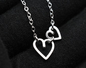 Dual Hearts Necklace - 925 Sterling Silver Handcrafted Jewelry - Square Wire - Big and Little Heart Chain