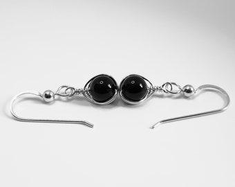 Black Onyx Sterling Silver Wire Wrapped Gemstone Drop Earrings Herring Bone Weave