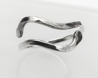 Toe Ring Sterling Silver Adjustable Size 3 - 4, Waves Small Ring Toe, Above Knuckle, Midi Ring - Handmade Hammered Metal