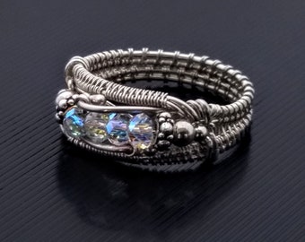 Aangepaste Wire Wrapped Ring 925 Sterling Zilver Handgemaakte sieraden Aurora Borealis Ring Swarovski Crystal Cadeau voor haar
