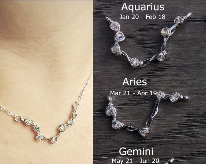 Zodiac Constellation Necklace Solid 925 Sterling Silver Crystal Stars Scorpio, Virgo, Gemini, Pisces, Libra, Taurus, Aries, Aquarius, Leo