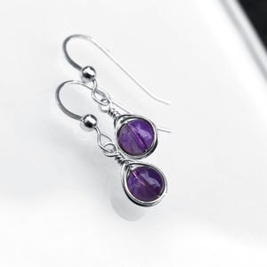 Amethyst Sterling Silver Wire Wrapped Gemstone Purple Drop Earrings Herring Bone Weave 6mm Gemstone