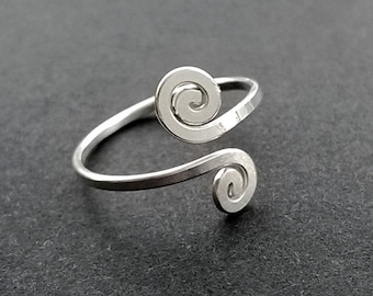 Toe Ring Sterling Silver Adjustable Size 3 - 4, Double Spirals Small Ring Toe, Above Knuckle, Midi Ring - Handmade Hammered Metal