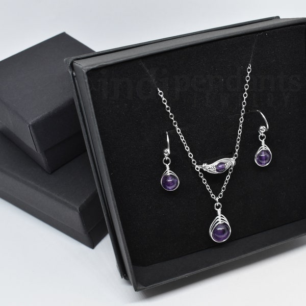 Amethyst Sterling Silver Matching Gemstone Jewelry Set - Pendant Necklace, Earrings, And Ring - Wire Wrapped Herringbone Weave - Gift Set