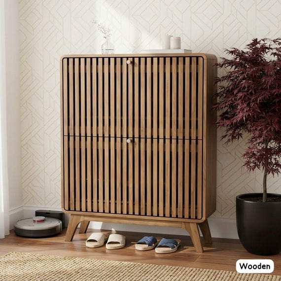 Slim Fluted Bamboo Shoe Cabinet, Entryway Storage Organizer, Flip Drawers, Narrow Rack
