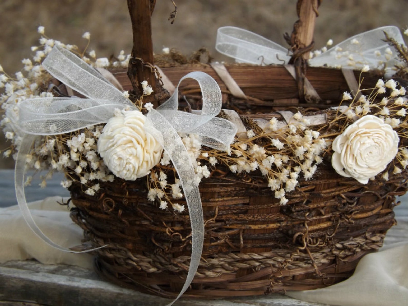 Rustic Flower Girl Basket with Preserved Babys Breath Sola Etsy