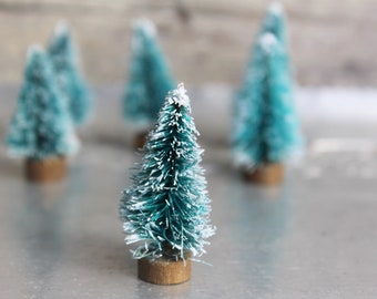 Mini Sisal Trees, 1 1/2" to 1 3/4" Tall, Tiny Bottle Brush Tree, Blue Green Spruce, Set of 3, 6, 9, Village, Putz House