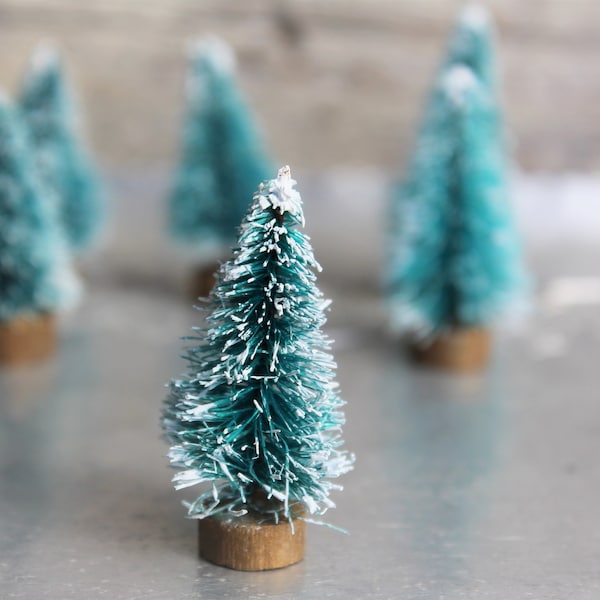 Mini Sisal Trees, 1 1/2" to 1 3/4" Tall, Tiny Bottle Brush Tree, Blue Green Spruce, Set of 3, 6, 9, Village, Putz House