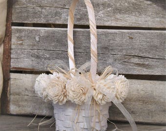 Flower Girl Basket White/Ivory With Sola Flowers Made to Order