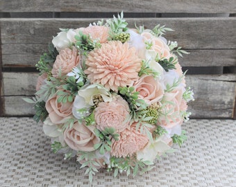 Sola Wood Flower Bouquet, Wedding Bouquet, Boutonniere, Ready to Ship, Blush Pink, Bride Bouquet with Groom Buttonhole