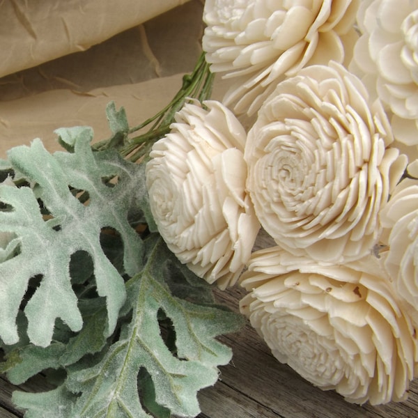 Set of 5 Stemmed or Without Stems Sola Flowers Natural Ivory Set of 5 Sola Zinnia 2" Sola Wood Flowers