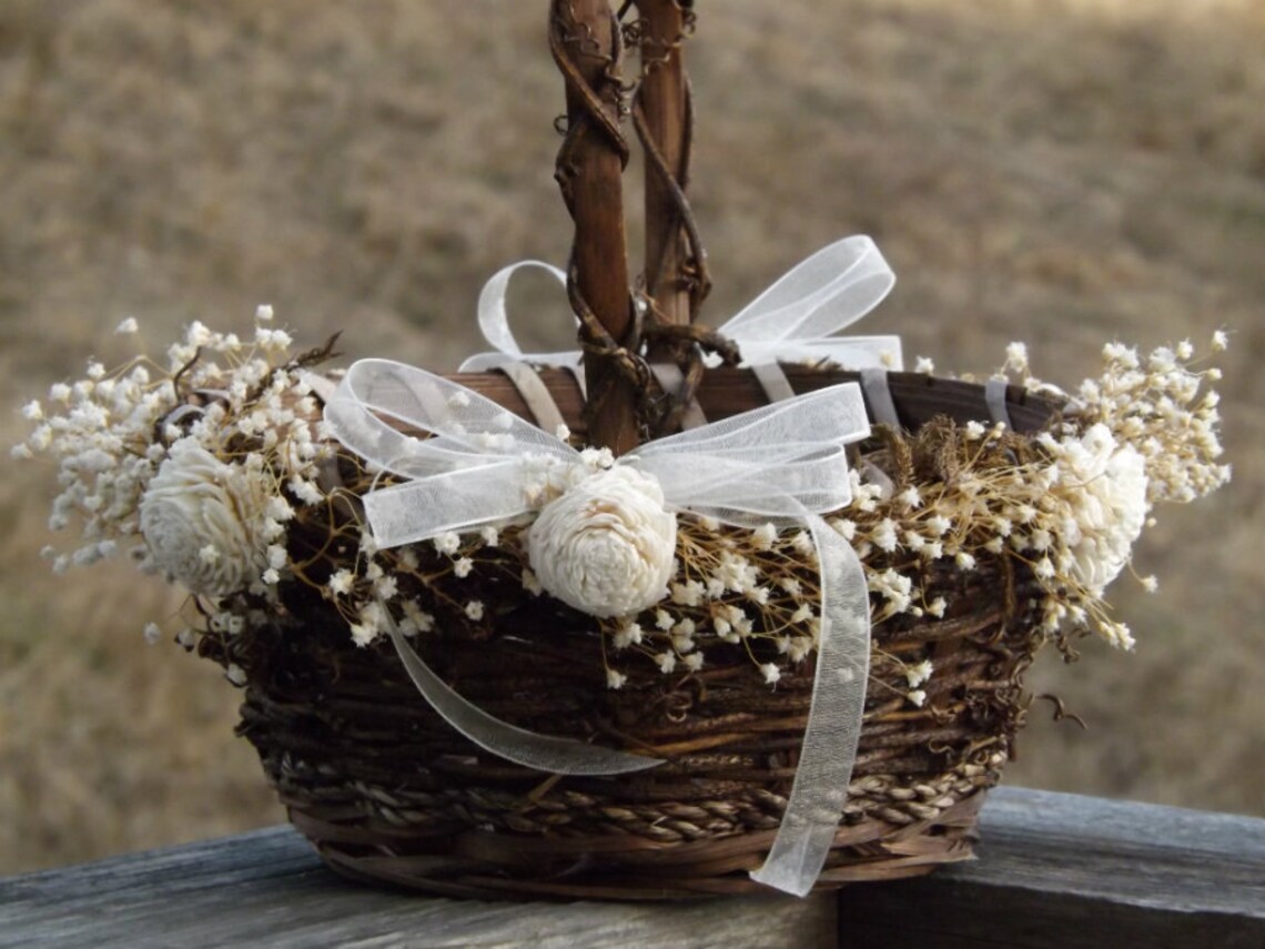 Rustic Flower Girl Basket with Preserved Babys Breath Sola Etsy