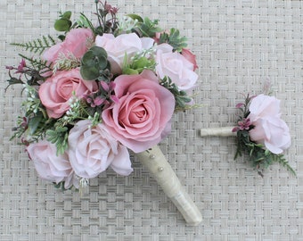 Bride Bouquet and Boutonniere, Pink, Blush, Mauve, Ready to Ship Destination Silk Roses