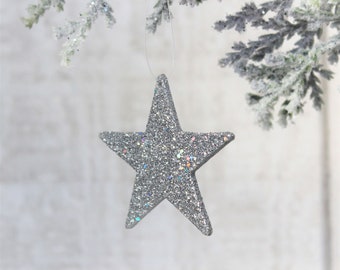 Star Ornament, Silver Glitter Stars, Mini Star Ornaments, Glittered, Set of 6 or 12, Tree Decorations, Craft Supply