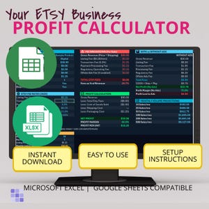 May include: A computer screen displaying a profit calculator for Etsy businesses. The screen shows financial breakdowns, including fees, revenue, and profit margins. Features include instant download, easy use, and setup instructions. Compatible with Microsoft Excel and Google Sheets.