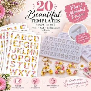 Puede incluir: Un conjunto de 20 plantillas de diseño de alfabeto floral para manualidades con resina. La imagen muestra hojas impresas con las letras de la A a la Z rellenas de patrones de flores coloridas, un molde de silicona con letras y números, y llaveros.