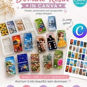 Pode incluir: Um modelo editável do Canva para dominós de resina, apresentando um molde de silicone branco, vários dominós acabados com designs gráficos coloridos e uma folha impressa de imagens. O texto inclui "Editable Template Domino Resin In Canva".