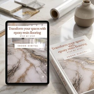 May include: A digital ebook and a physical book titled "Transform your spaces with epoxy resin flooring" are displayed. The ebook is on a tablet, and the physical book is white with gold lettering. Samples of epoxy resin flooring are in the background.