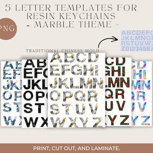 Puede incluir: Cinco plantillas digitales de letras en formato PNG para llaveros de resina con diseños de alfabeto de mármol. La imagen muestra varios conjuntos de letras con patrones distintos, incluyendo remolinos azules, negros, blancos, dorados, verdes e iridiscentes, con el texto 5 LETTER TEMPLATES FOR RESIN KEYCHAINS - MARBLE THEME - y PRINT, CUT OUT, AND LAMINATE.