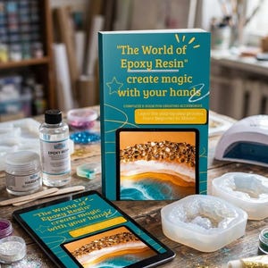 Puede incluir: Imagen que presenta suministros para arte con resina epoxi. Un libro y una tableta muestran el título "The World of Epoxy Resin". Botellas de resina y endurecedor, moldes y purpurina están dispuestos sobre una superficie de madera, sugiriendo un tema de manualidades.