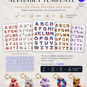 Puede incluir: Una plantilla de alfabeto editable para moldes de resina con cinco hojas de letras con varios patrones florales y de animales. Incluye una imagen de molde de referencia y cinco llaveros de letras terminados A, B, C, D y E con anillos dorados.
