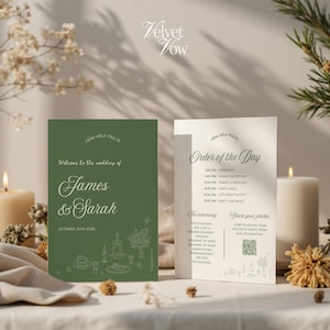 Könnte beinhalten: Ein dunkelgrünes Hochzeits-Willkommensschild und eine weiße Tagesablaufkarte mit dem Text "Welcome to the wedding of James & Sarah" und "Order of the Day", sowie Strichzeichnungen von Hochzeitsmotiven und einem QR-Code zum Teilen von Fotos.