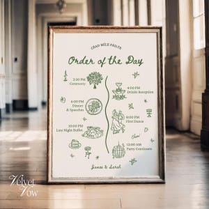 Può includere: Un cartello di nozze incorniciato con il testo "Céad Míle Fáilte" e "Order of the Day" in verde. Il cartello include una sequenza temporale con illustrazioni per la cerimonia, la cena, il ricevimento, il primo ballo e il buffet di mezzanotte. I nomi "James & Sarah" sono in basso.