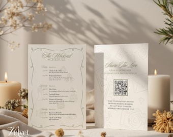 Wedding Weekend Itinerary Template with QR Code Photo Upload Whimsical Wedding Schedule Card Canva Printable Digital Download