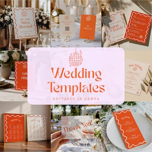 Pode incluir: Uma coleção de modelos de papelaria para casamentos com um design de borda ondulada e gráficos de bola de discoteca. O conjunto inclui placas, menus e cartões de agradecimento em laranja e branco com textos como We're Married.